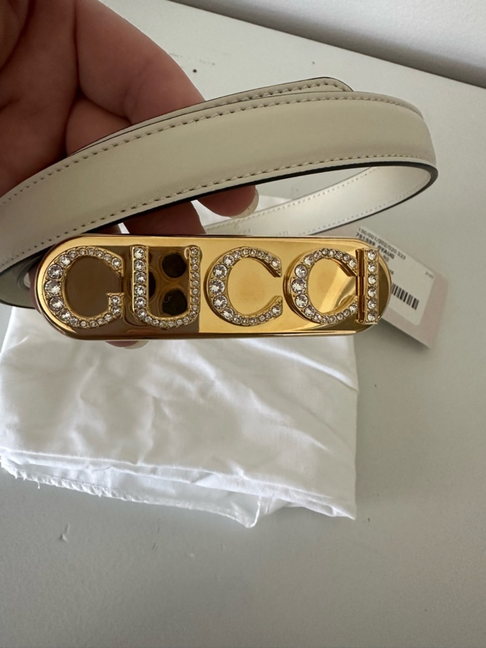 Gucci White Leather Logo Belt with Gold Crystal-Embellished Buckle 80 - Picture 2 of 5